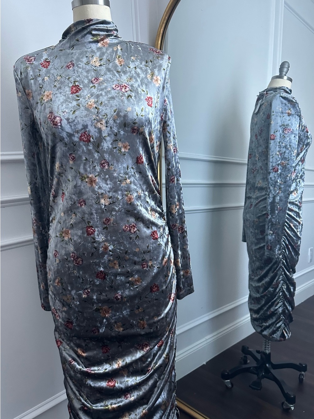 Guess Silver Velvet Long Sleeve Floral Ruched Dress
